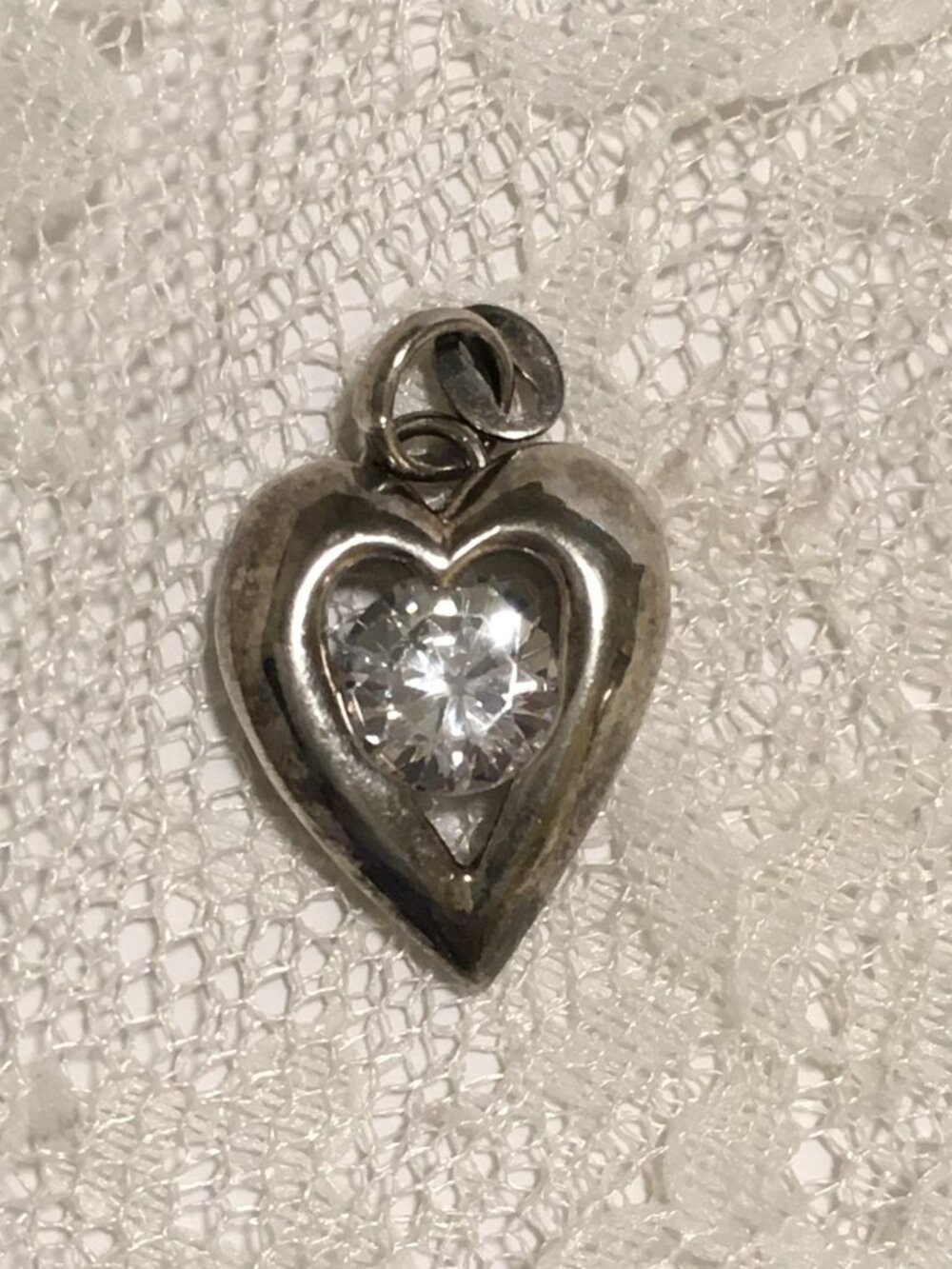 Vintage Sterling Silver Heart Charm Pendant Clear Faceted Stone - Picture 1 of 8